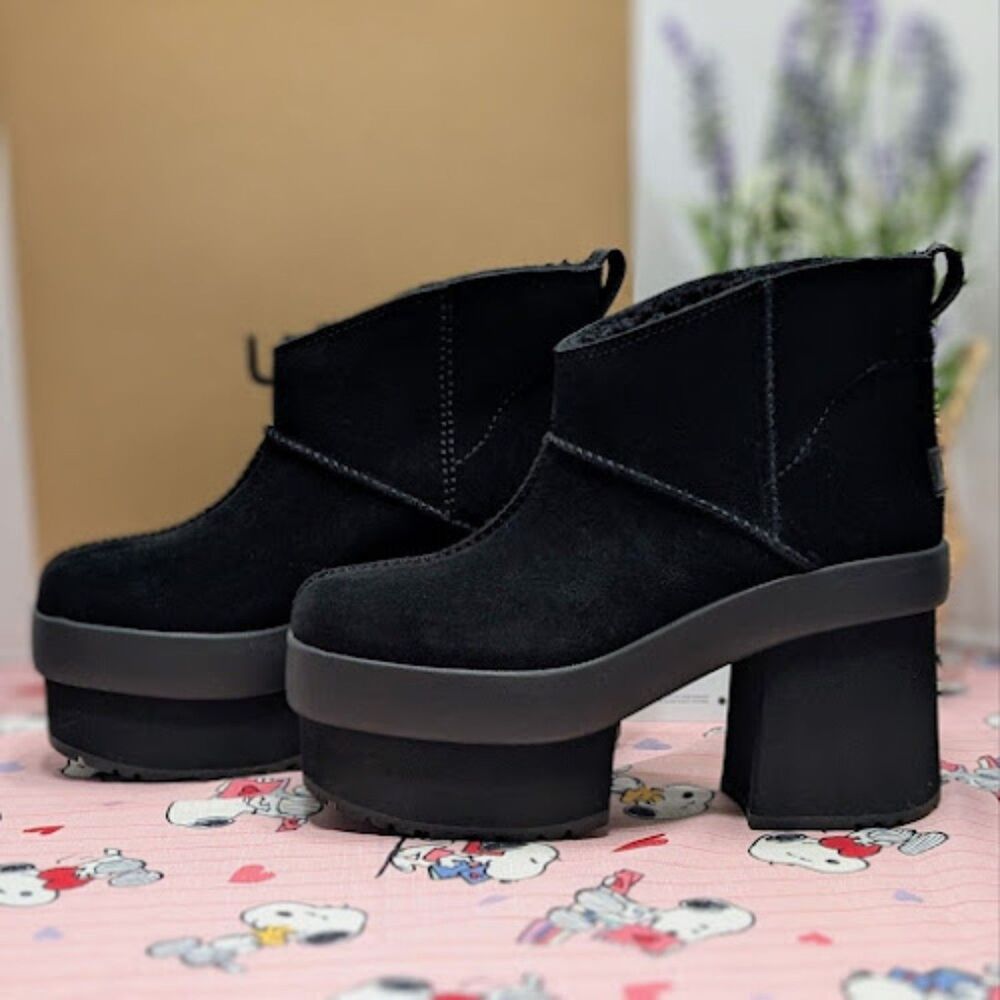 UGG Black Suede & Shearling New Heights Platform Mini Boots Women's Size 10 NIB - Picture 2 of 14